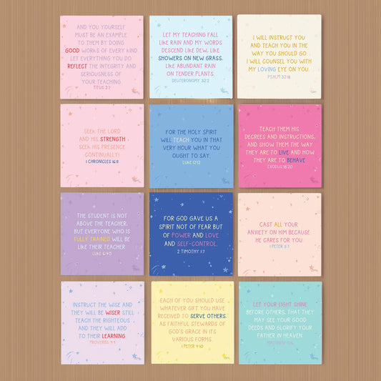 Assorted scripture cards from the Verses for Teachers set displayed in a 12-card grid layout