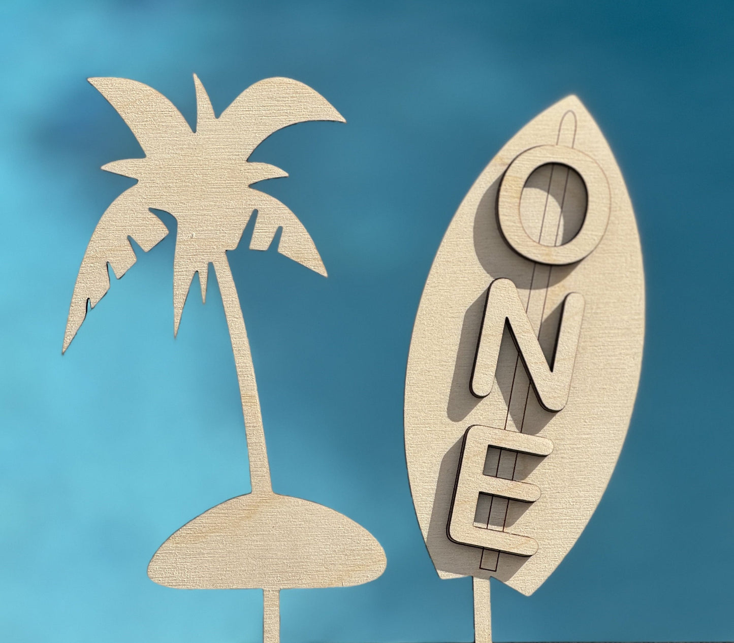 Surfboard Cake Topper Set | Wooden Palm Tree, First Birthday Decor