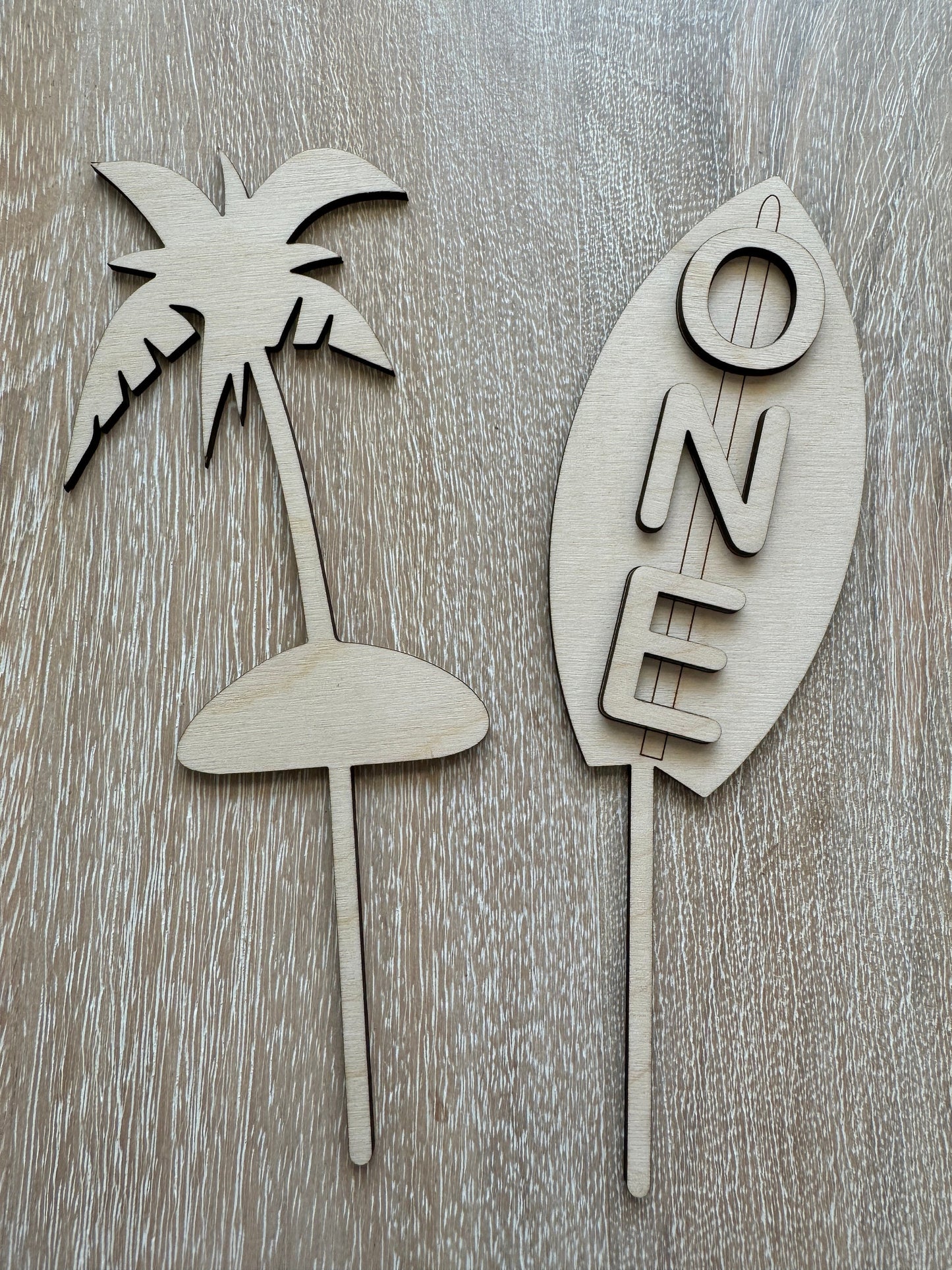 Surfboard Cake Topper Set | Wooden Palm Tree, First Birthday Decor