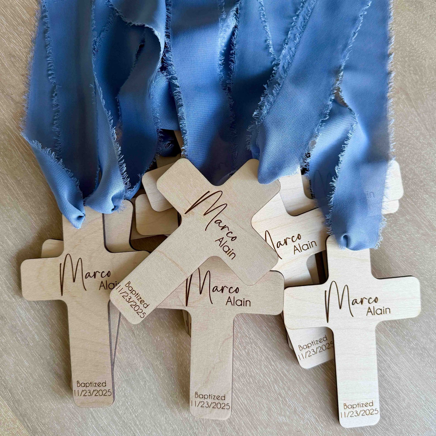 Set of personalized wooden crosses with chiffon ribbon for baptism or communion