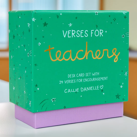 Green and purple gift box packaging for the Verses for Teachers inspirational scripture card set.